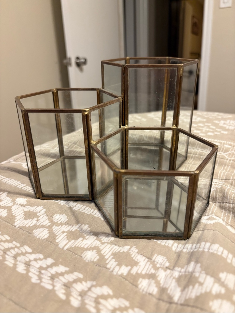 Tahari Clear Glass Hexagon Lantern Trio with Brass Frame